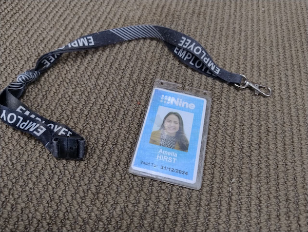 A Nine Network ID Card for an Amelia Hirst, and an Employee lanyard